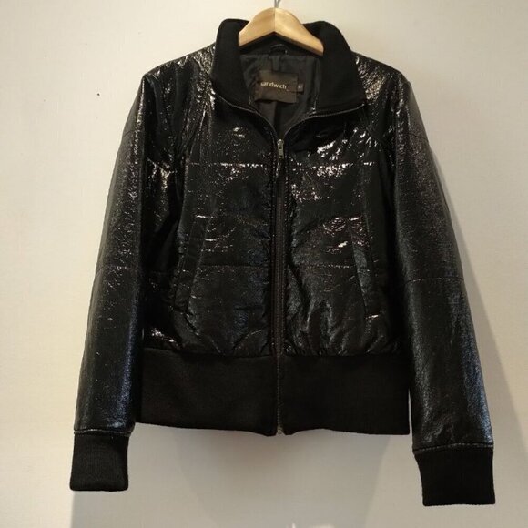 NWOT Sandwich Wet look Bomber Jacket Biker Moto Jacket vinyl look Mobwife Jacket - Picture 5 of 16